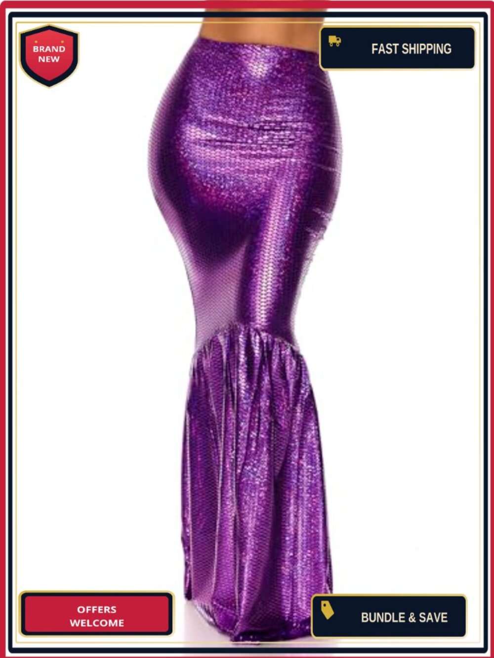 Mermaid Skirt with Hologram Finish High-Waisted Halloween Maxi Costume